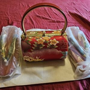 Red Floral Structured Top-Handle Women's Bag